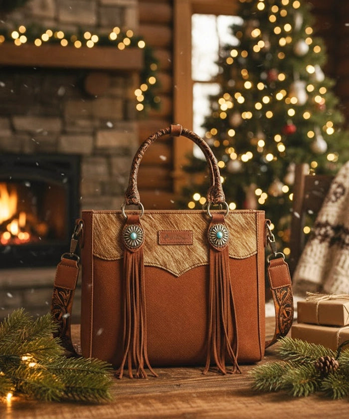 Montana West Fringe Bag in Brown — faux leather with hair-on-hide texture and turquoise accents  
