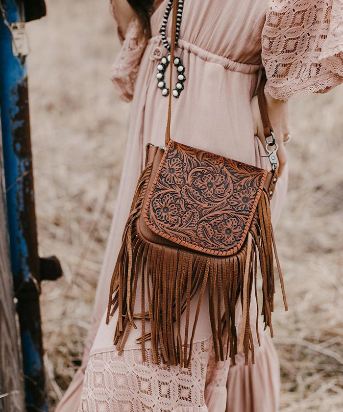 Montana West Genuine Leather Floral Fringe Crossbody Montana West World
