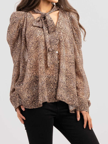 American Bling Women Leopard Shirred Shirt With Necktie - Montana West World