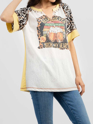 Delila Women Beer Cheering Graphic Leopard V Neck Tee - Montana West World