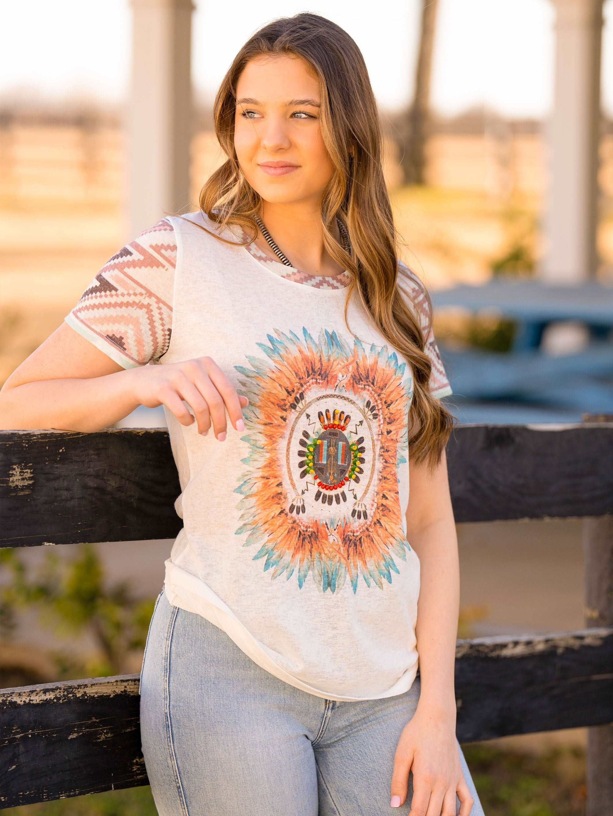 Delila Women Mineral Wash Aztec Feather Beading Short Sleeve Tee - Montana West World