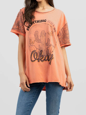 Delila Women Embroidered Washed Cactus Tee With Rhinestones - Montana West World