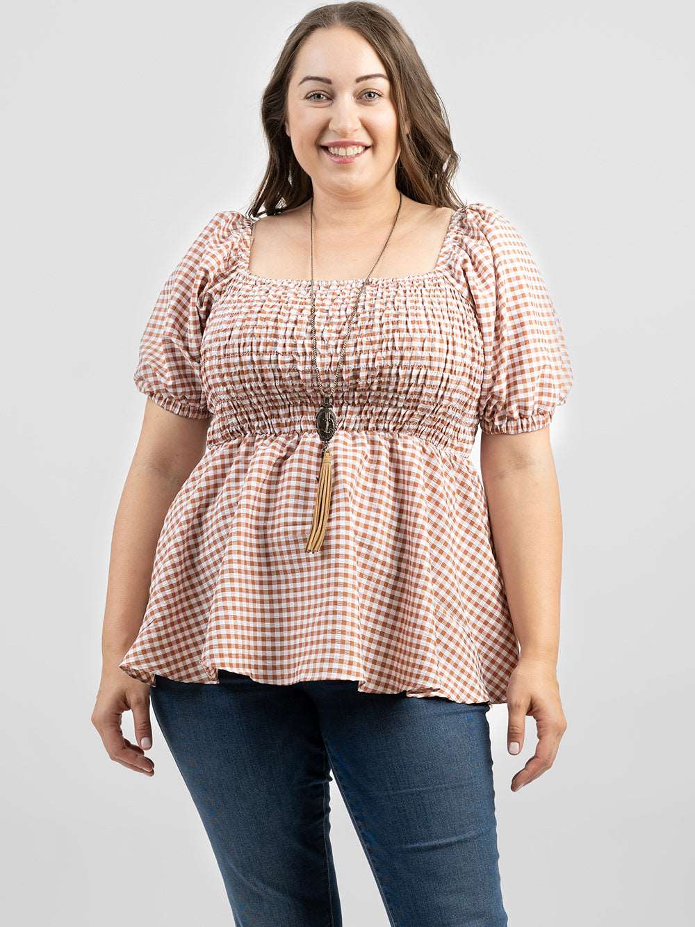 American Bling Plus Size Women Gingham Check Fabric Short Puff Sleeve Top - Montana West World