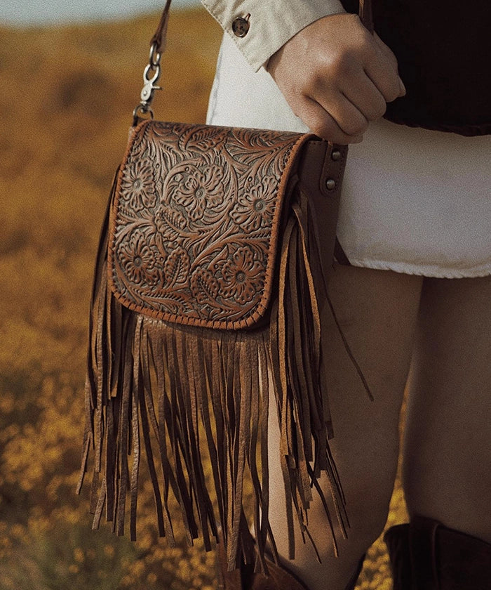 Montana West Genuine Leather Floral Fringe Crossbody Montana West World