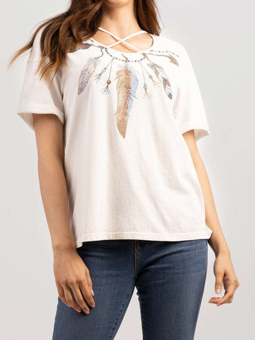 Delila Women's Washed Feather Arrow Print Tee With Rhinestones - Montana West World