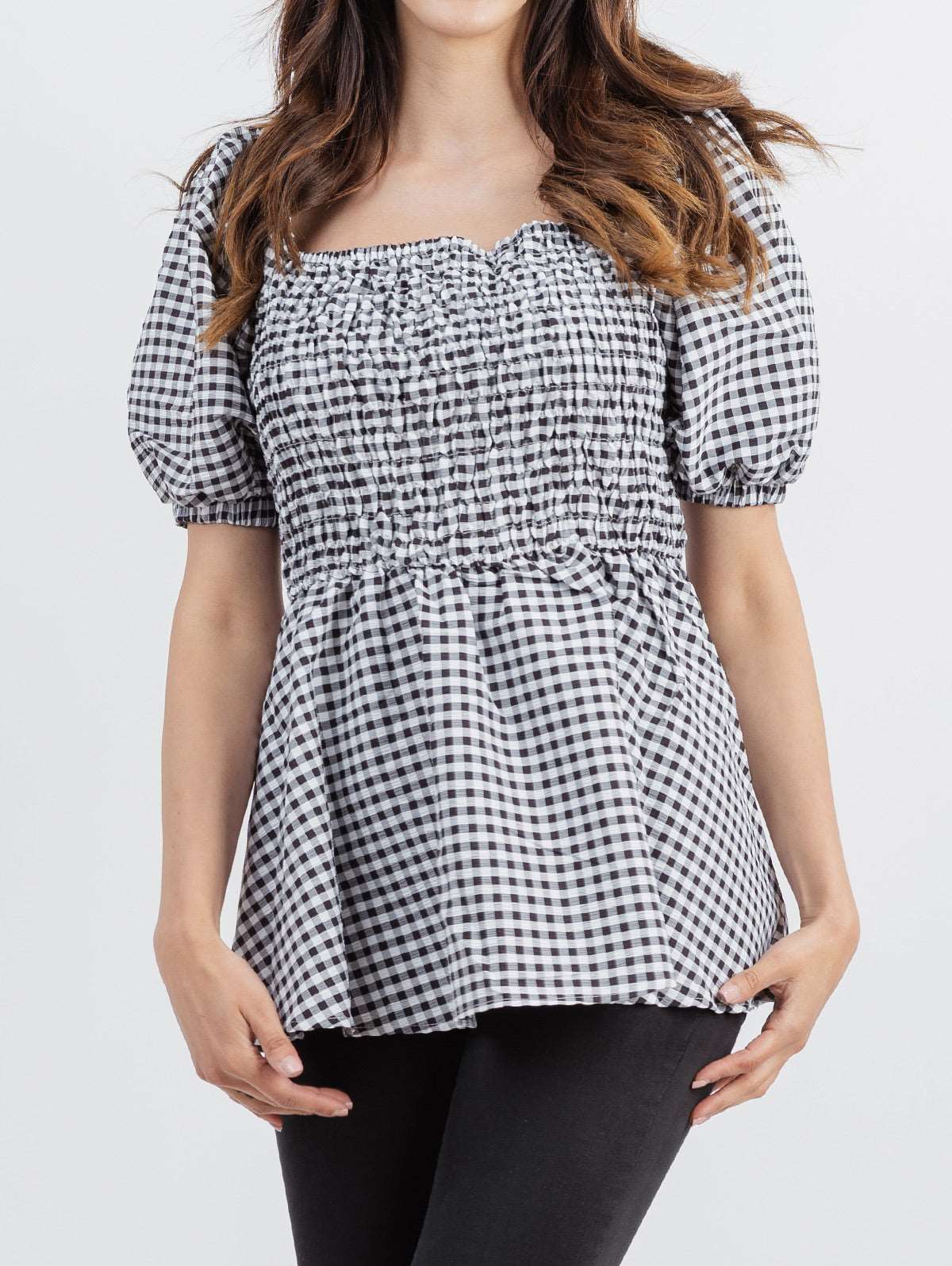 American Bling Plus Size Women Gingham Check Fabric Short Puff Sleeve Top - Montana West World