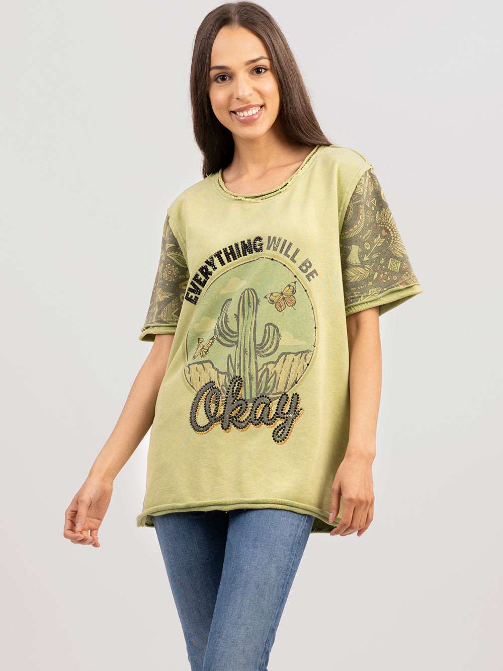 Delila Women Embroidered Washed Cactus Tee With Rhinestones - Montana West World