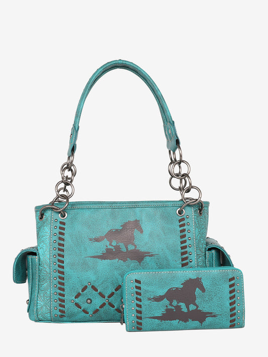 American Bling Whipstitch Studs Horse Satchel and Wallet Set - Montana West World