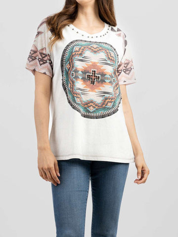 Delila Women's Washed Aztec Print Tee With Rhinestones & Studds - Montana West World