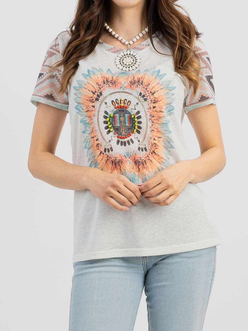 Delila Women Mineral Wash Aztec Feather Beading Short Sleeve Tee - Montana West World