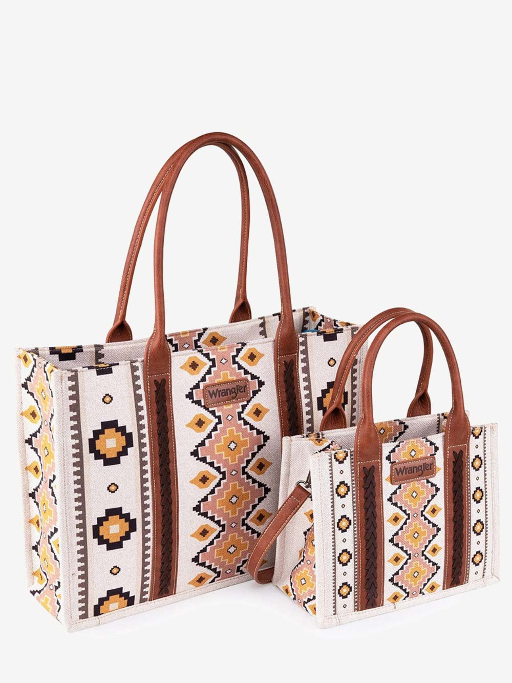 2023 Fall New Viral Wrangler Aztec Southwestern Dual Sided Print Canvas Tote/Crossbody Bag Collection Black Wide Tote & Small Tote/Crossbody Set