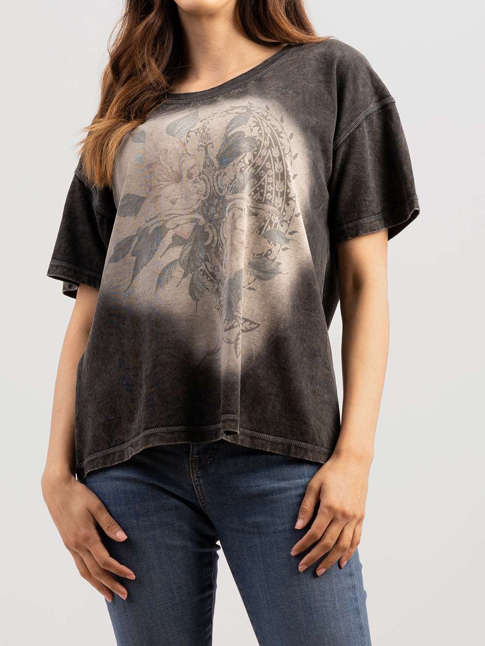 Delila Women's Washed Floral Cross Tee - Montana West World