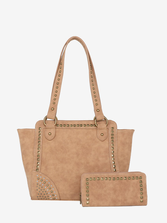 American Bling Brown Studs Tote and Wallet Set - Montana West World