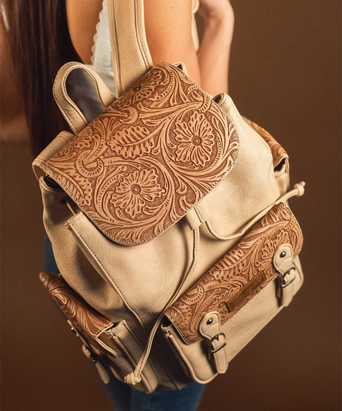 black floral leather flap backpack Wrangler Floral Tooled Backpack