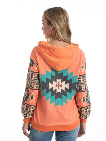 American Bling Orange Aztec Graphic Drawstring Hoodie - Montana West World