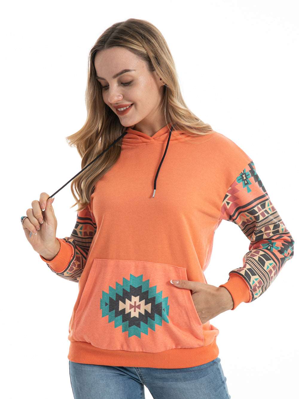 American Bling Orange Aztec Graphic Drawstring Hoodie - Montana West World