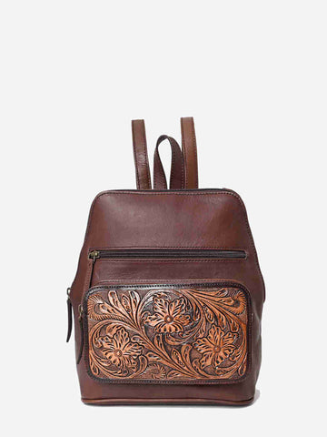 Montana West Genuine Oily Calf Leather Hand Tooled Floral Backpack - Montana West World