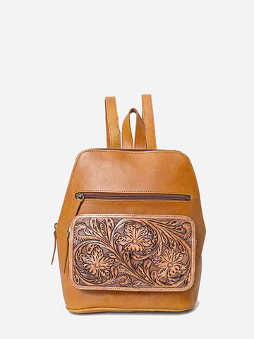 Montana West Genuine Oily Calf Leather Hand Tooled Floral Backpack - Montana West World