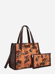 Wrangler Brown Retro Cowboy Print Crossbody Tote - Montana West World