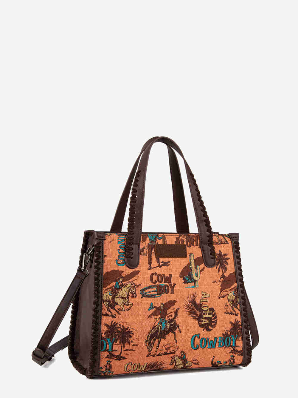 Wrangler Brown Retro Cowboy Print Crossbody Tote - Montana West World