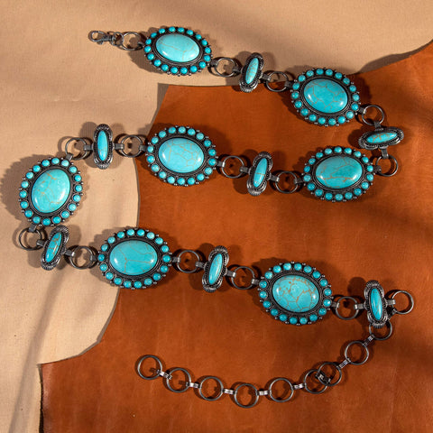 CB-1005  Rustic Couture  Western oval Stone Concho Link Chain Belt