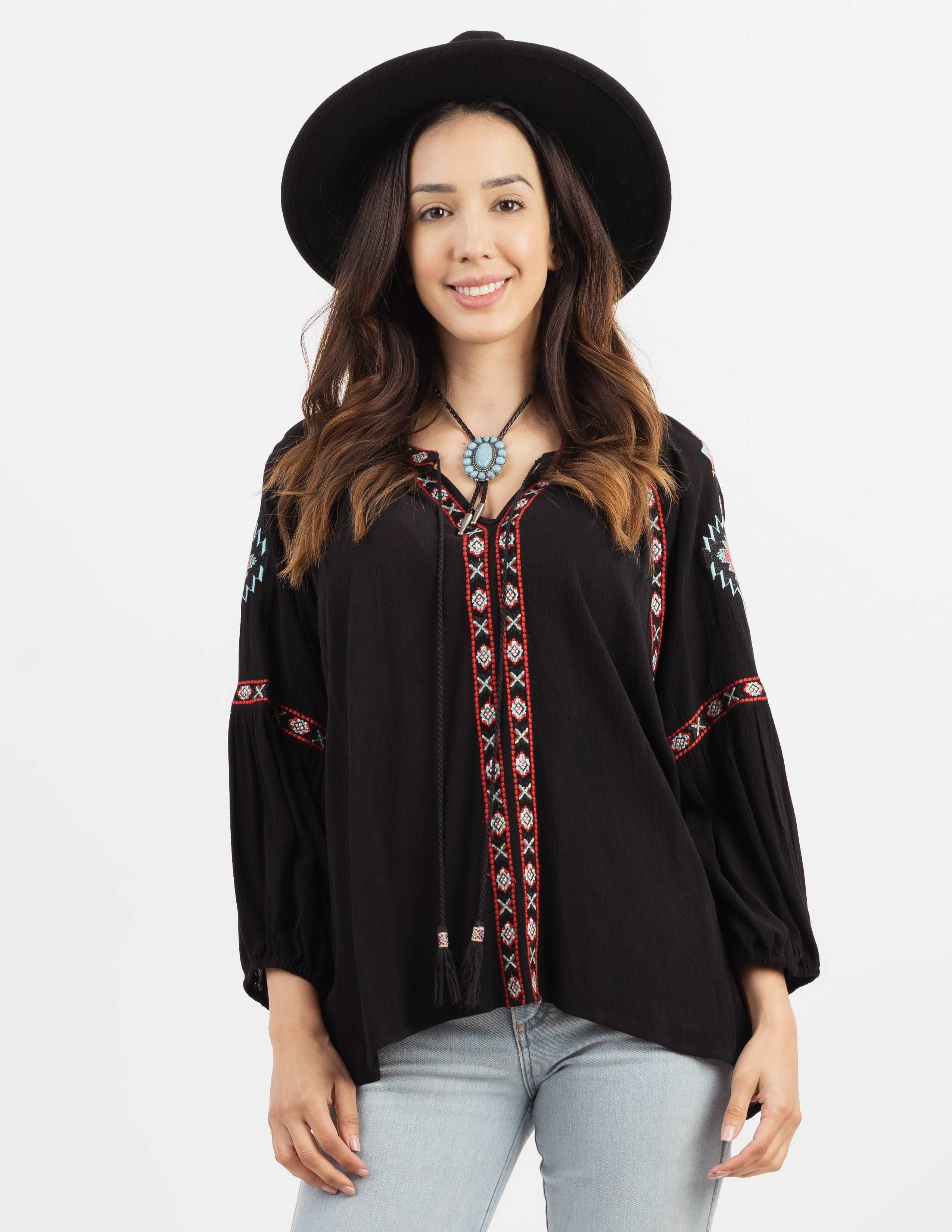 Delila Women’s Aztec Embroidered Collection Tie Neck Blouse - Montana West World