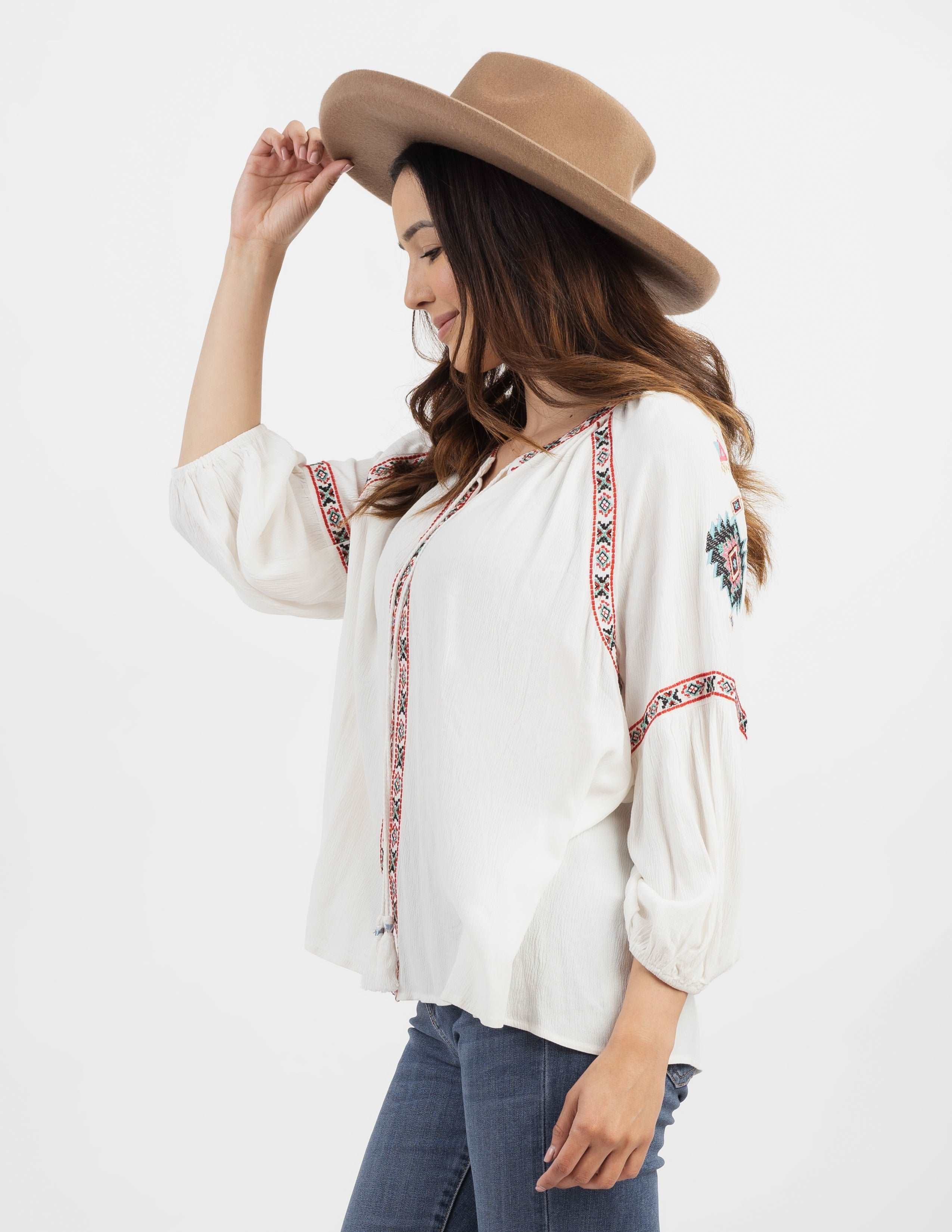 Delila Women’s Aztec Embroidered Collection Tie Neck Blouse - Montana West World