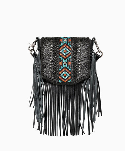 Montana West Genuine Leather Floral Tooled Fringe Crossbody - Montana West World