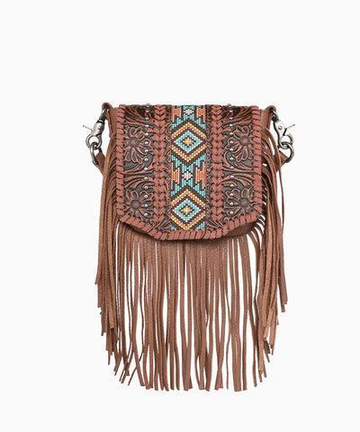 Montana West Genuine Leather Floral Tooled Fringe Crossbody - Montana West World