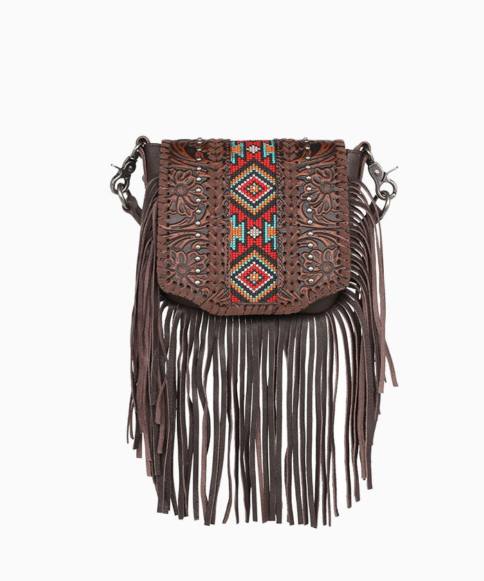 Montana West Genuine Leather Floral Tooled Fringe Crossbody - Montana West World