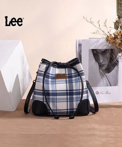 LEE Plaid Canvas Drawstring Bucket Crossbody Blue