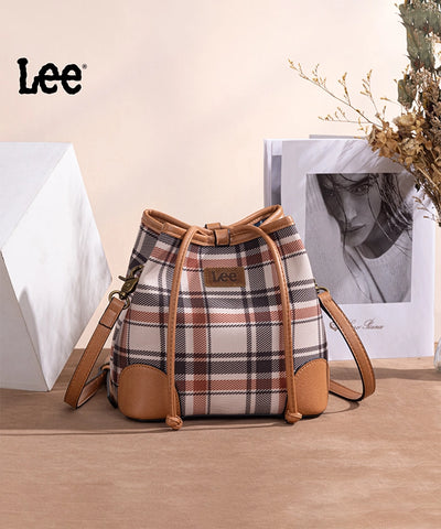 LEE Plaid Canvas Drawstring Bucket Crossbody Brown