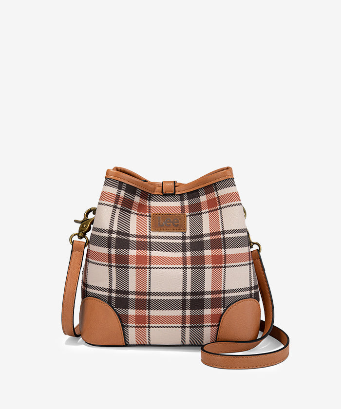 LEE Plaid Canvas Drawstring Bucket Crossbody Brown