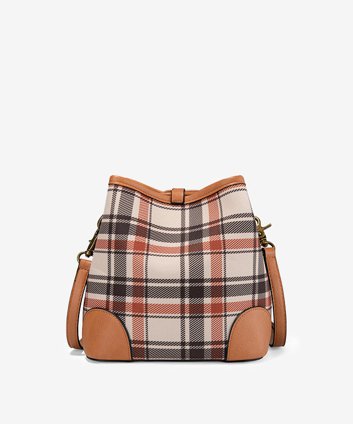 LEE Plaid Canvas Drawstring Bucket Crossbody Brown