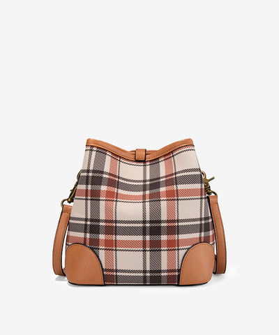 LEE Plaid Canvas Drawstring Bucket Crossbody Brown