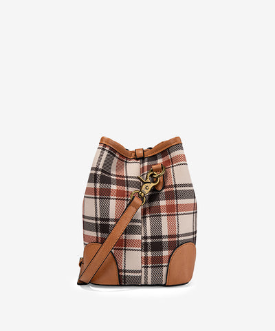 LEE Plaid Canvas Drawstring Bucket Crossbody Brown