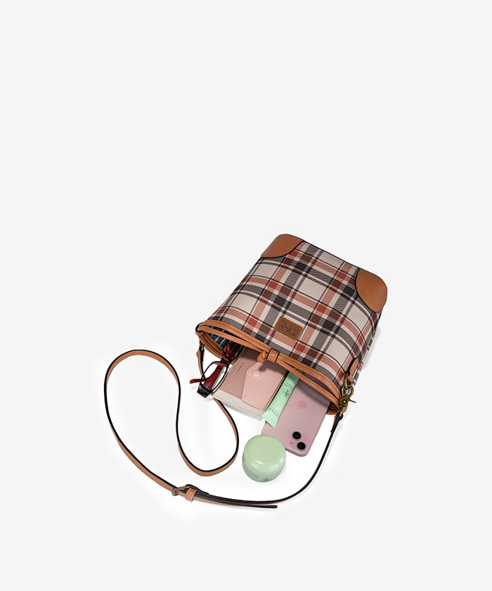 LEE Plaid Canvas Drawstring Bucket Crossbody Brown