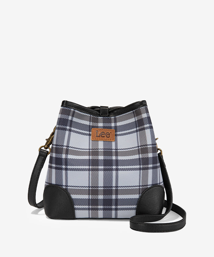 LEE Plaid Canvas Drawstring Bucket Crossbody Dark Grey