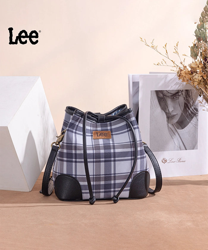 LEE Plaid Canvas Drawstring Bucket Crossbody Dark Grey