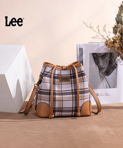 LEE Plaid Canvas Drawstring Bucket Crossbody Tan