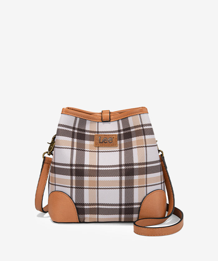 LEE Plaid Canvas Drawstring Bucket Crossbody Tan