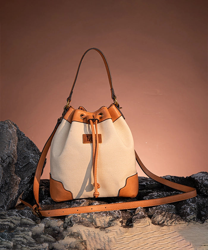 Lee Denim Canvas Crossbody Bucket Bag Tan