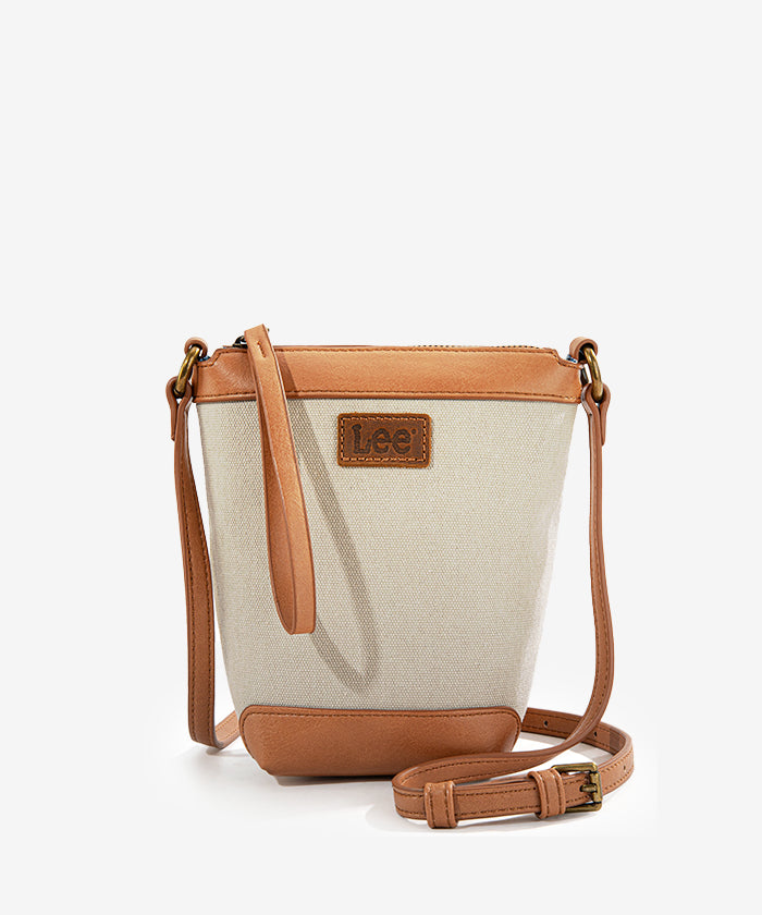 Lee Denim Canvas Leather Trim Mini Crossbody Purse Tan