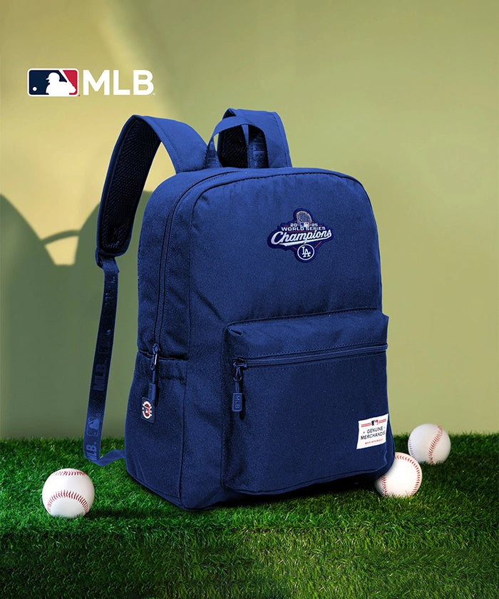 MLB dodgers backpack in navy — nylon construction with embroidered logo and side pockets  
