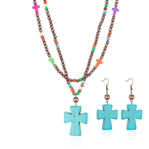 Rustic Couture's® Beaded Layered Turquoise Cross Necklace Earrings Set