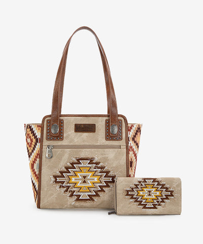 Montana West Embroidered Aztec Denim Tote Set