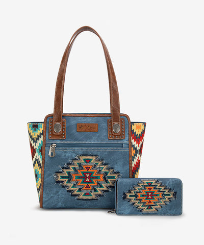 Montana West Embroidered Aztec Denim Tote Set - Montana West World