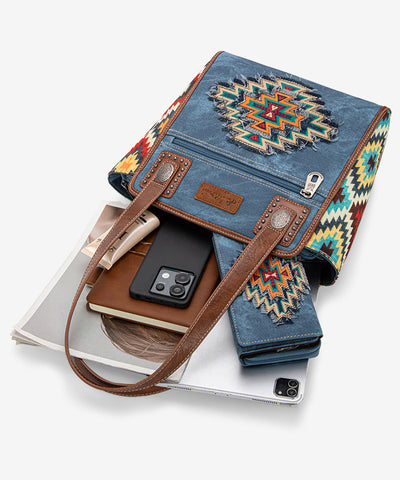 Montana West Embroidered Aztec Denim Tote Set - Montana West World