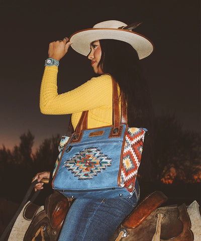Montana West Embroidered Aztec Jean Denim Handbag Set