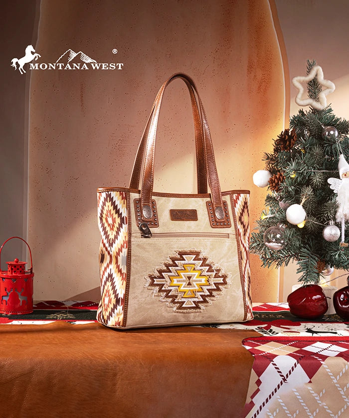 Montana West Embroidered Aztec Jean Denim Handbag Set